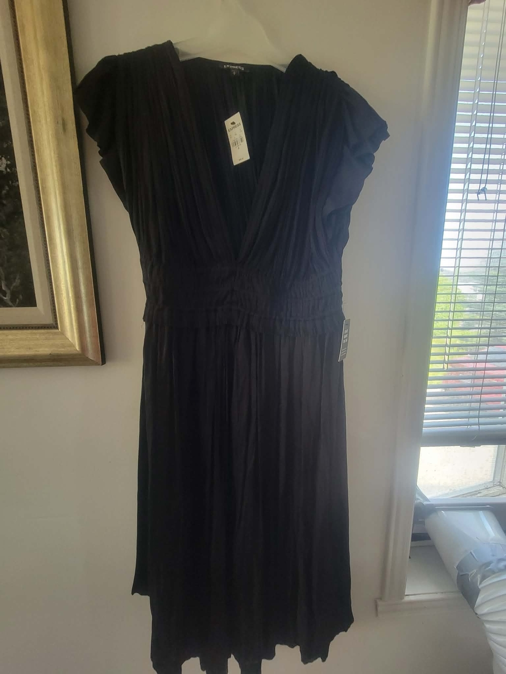 Express Black Midi Dress with V-Neck and Gathered Waist